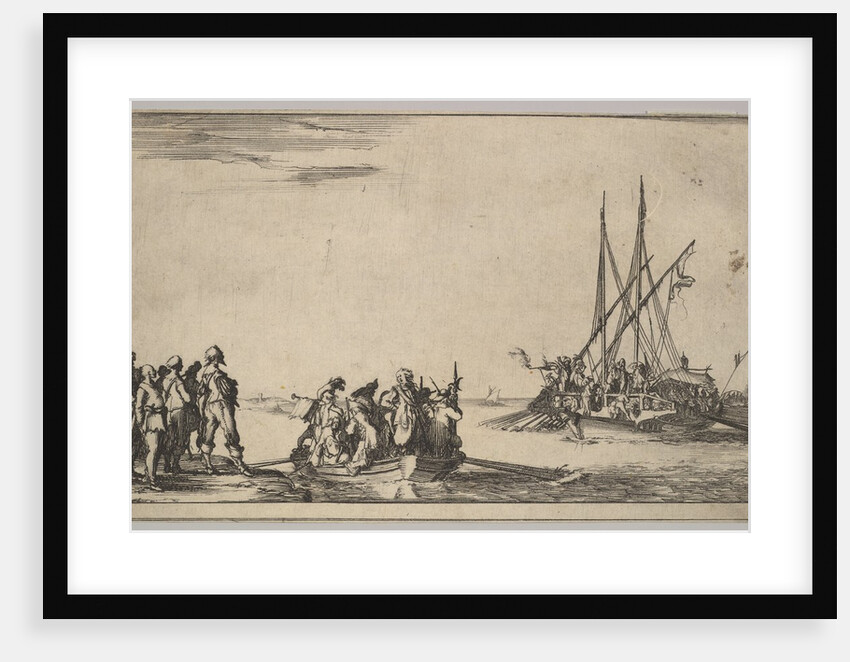 A rowboat full of men in center, a group of men standing on shore at left, a ship full of …, 1639 by Stefano della Bella