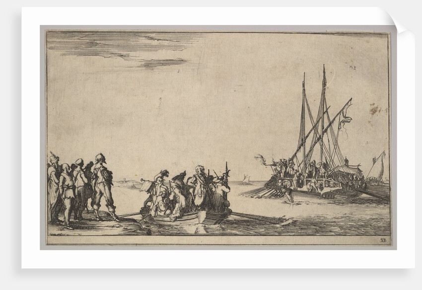 A rowboat full of men in center, a group of men standing on shore at left, a ship full of …, 1639 by Stefano della Bella