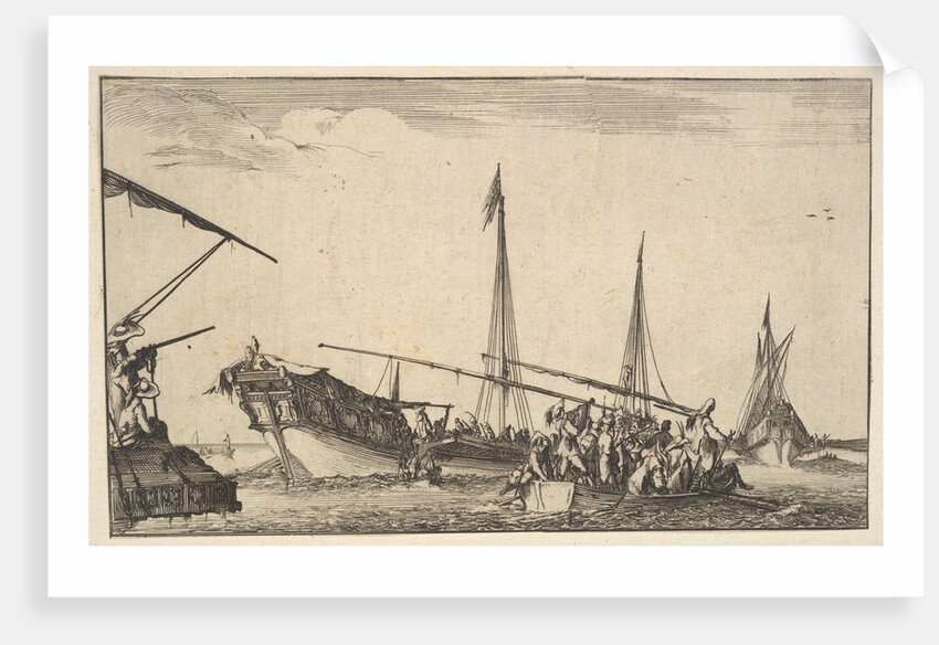 A rowboat full of men at right, a ship with men descending into a rowboat behind to left…, 1639 by Stefano della Bella