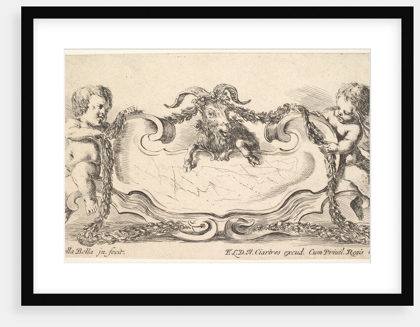 Plate 17: a cartouche with a marble center, an infant on either side holding a garland ove…, 1646 by Stefano della Bella
