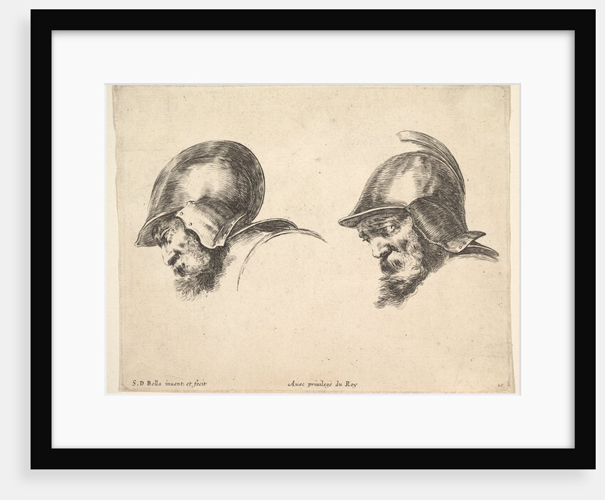 Plate 10: two heads of old soldiers wearing helmets, both facing left and looking down…, ca. 1641 by Stefano della Bella