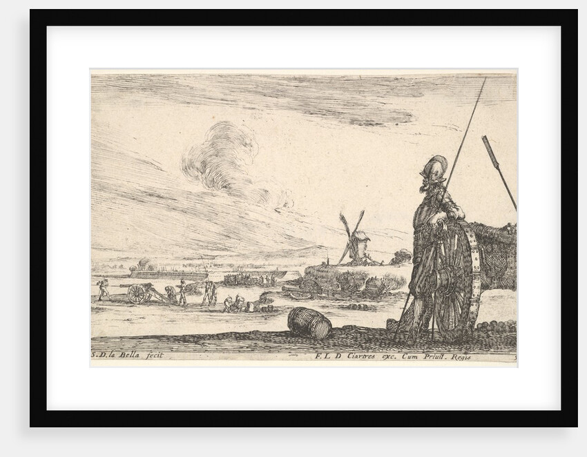 Plate 5: A Pikeman standing at right next to a canon, other military figures in the ba…, ca. 1641 by Stefano della Bella