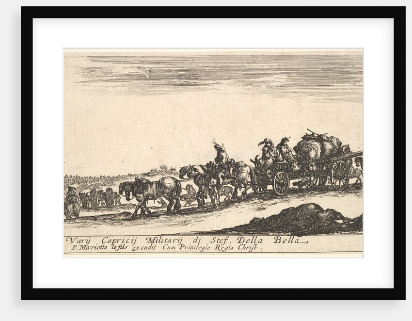 Plate 1: A horse drawn cart carrying people and goods, dead horse in the foreground, f…, ca. 1641 by Stefano della Bella