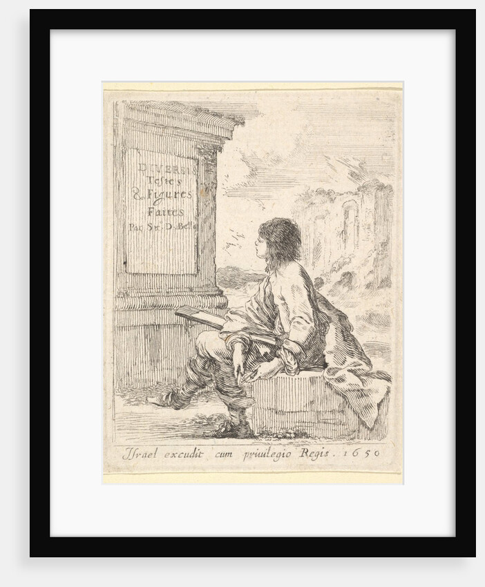 Plate 1: a young man sitting on a stone, facing left in profile, holding a drawing pad in …, 1650 by Stefano della Bella