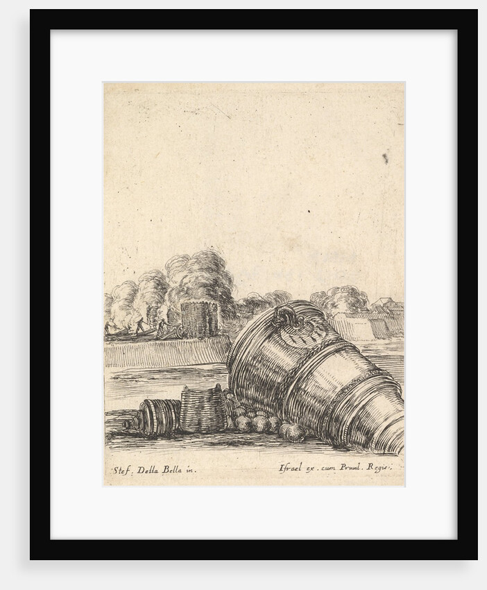 A mortar without a carriage lying on the ground to the right, soldiers firing canno…, ca. 1638-43 by Stefano della Bella