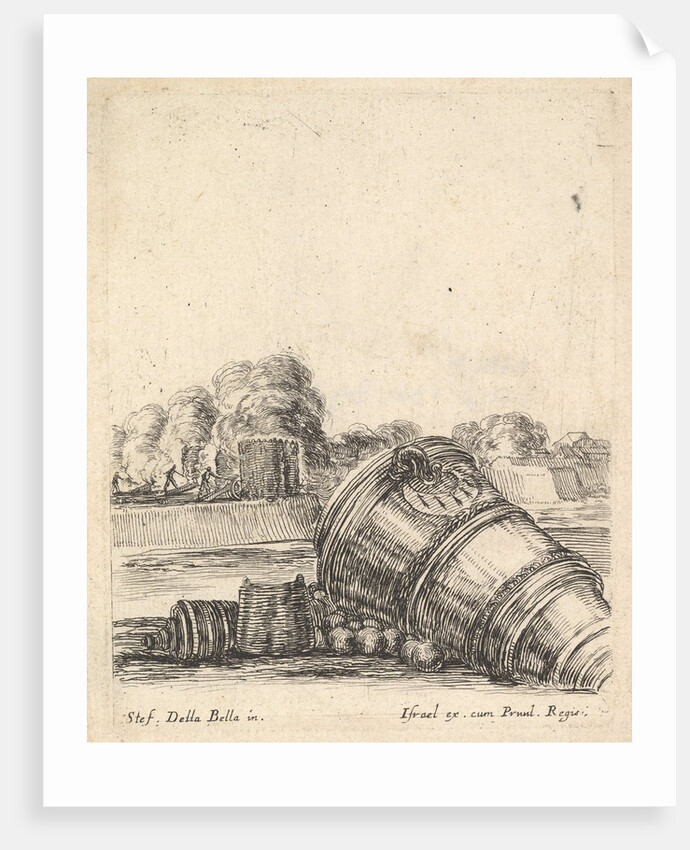 A mortar without a carriage lying on the ground to the right, soldiers firing canno…, ca. 1638-43 by Stefano della Bella