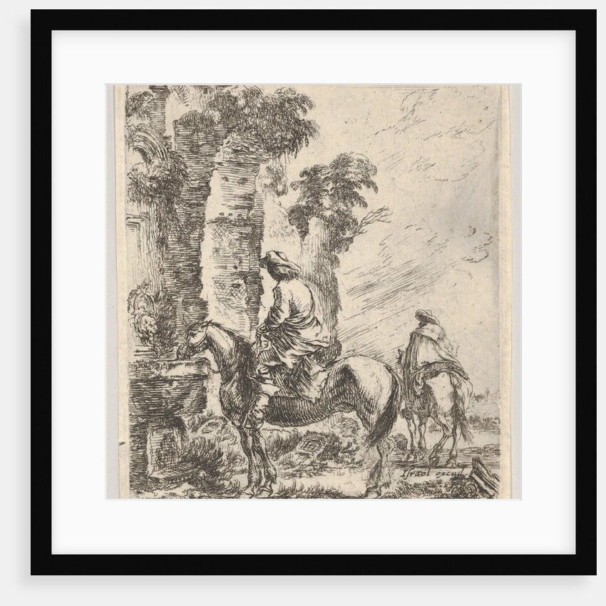Plate 19: a rider making his horse drink from a basin of a fountain at left, another h…, ca. 1646 by Stefano della Bella
