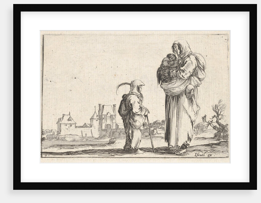 Plate 7: a peasant woman carrying a child to right, speaking to another child standing…, ca. 1642 by Stefano della Bella