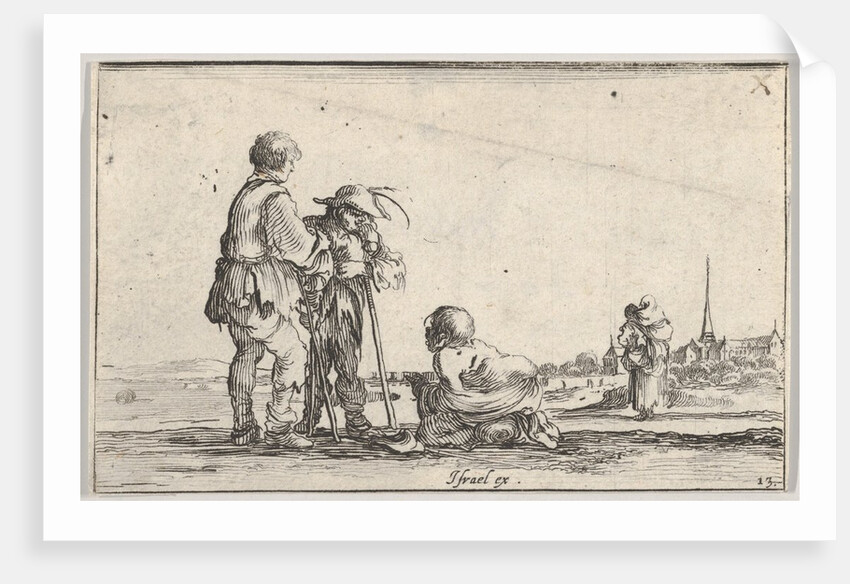 Plate 13: two peasants standing to left, a cripple kneeling on the ground in center, a…, ca. 1642 by Stefano della Bella