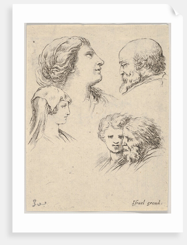 Plate 9: five heads, two young women at left, a bearded man at upper right, a young wo…, ca. 1649 by Stefano della Bella