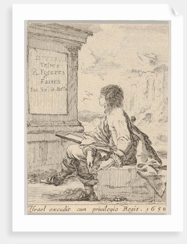 Plate 1: a young man sitting on a stone, facing left in profile, holding a drawing pad in …, 1650 by Stefano della Bella