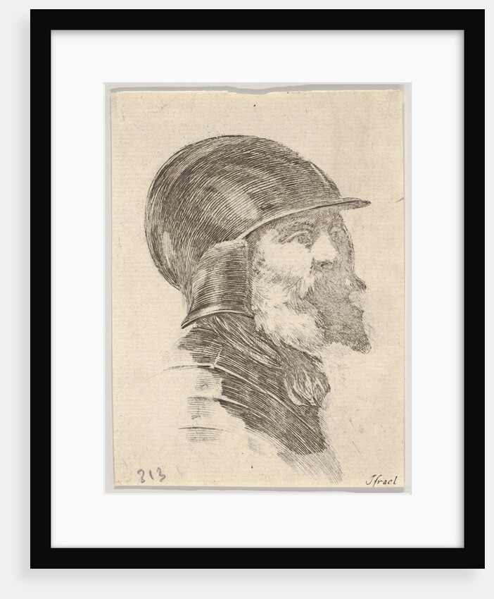 Plate 6: head of an old bearded soldier wearing a helmet facing right, from 'Various heads…, 1650 by Stefano della Bella