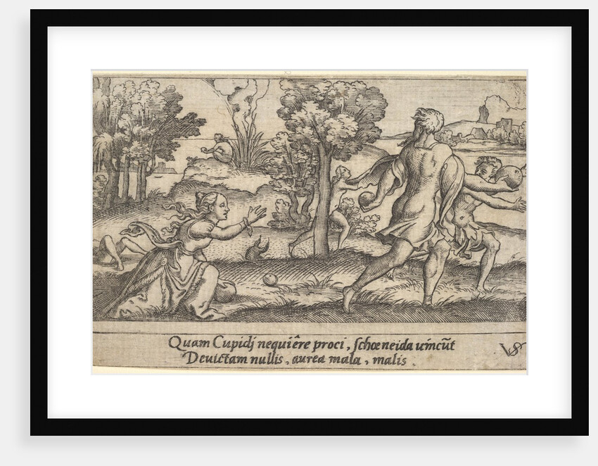 Atalanta and Hippomenes, in the foreground Atalanta kneeling to pick up an apple an…, ca. 1535-62 by Virgil Solis