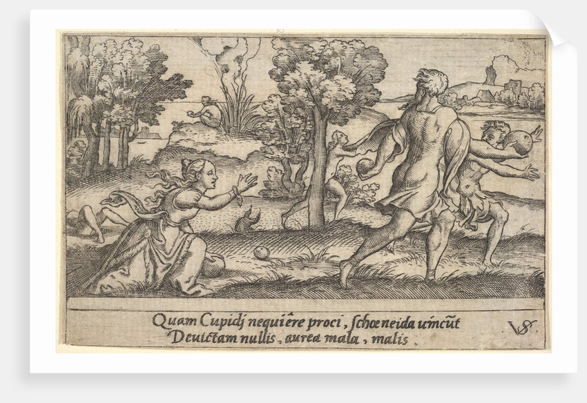 Atalanta and Hippomenes, in the foreground Atalanta kneeling to pick up an apple an…, ca. 1535-62 by Virgil Solis