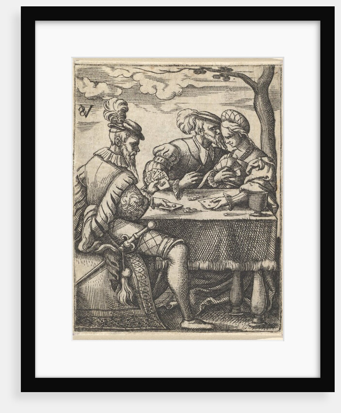 Two men and a woman playing cards at a table, one man pressing his nose toward the …, ca. 1535-62 by Virgil Solis