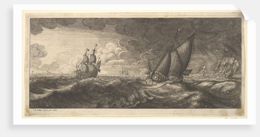 A yacht and three warships in a storm, 1665 by Wenceslaus Hollar