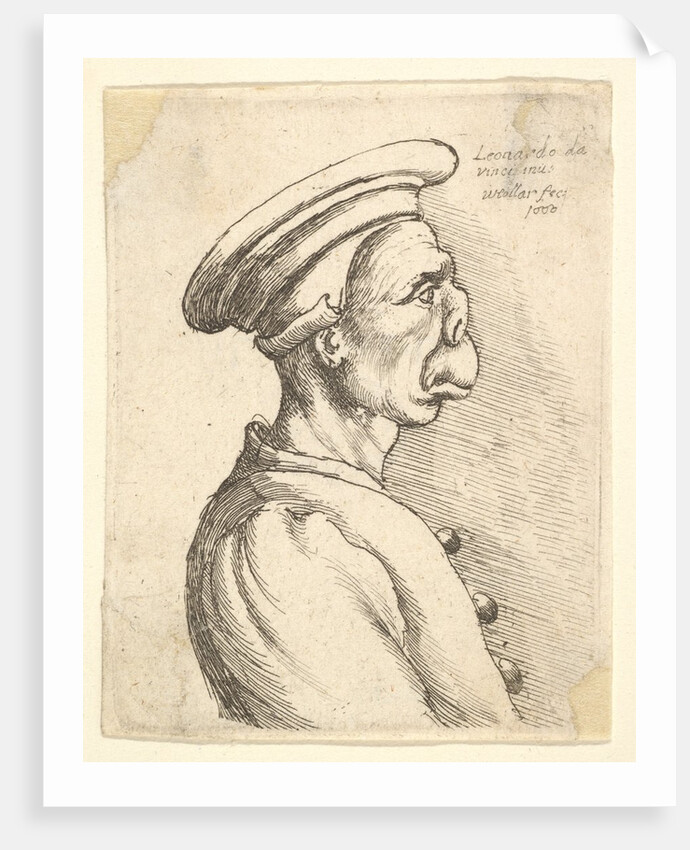 Bust of a man with a flat nose and protruding mouth, wearing flat cap and buttoned coat in…, 1660 by Wenceslaus Hollar