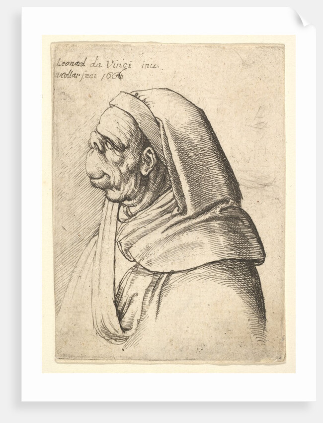 Bust of a man with a small turned-up nose and very high upper lip, wearing hood, in profil…, 1666 by Wenceslaus Hollar