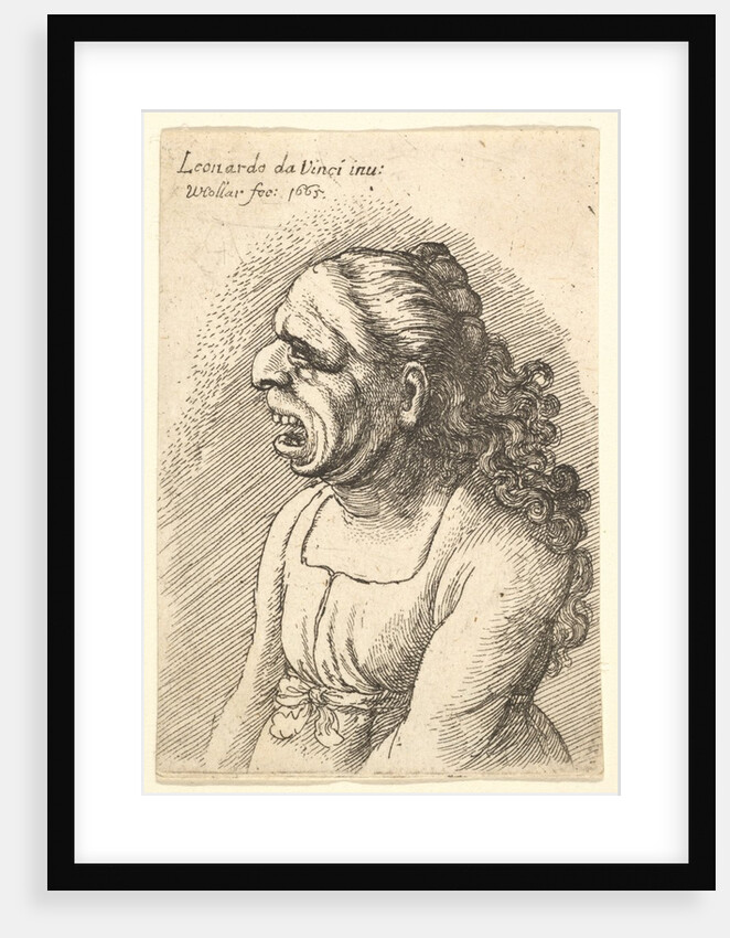 Bust of woman with wide-open mouth and long curly hair falling over her shoulders, wearing…, 1665 by Wenceslaus Hollar