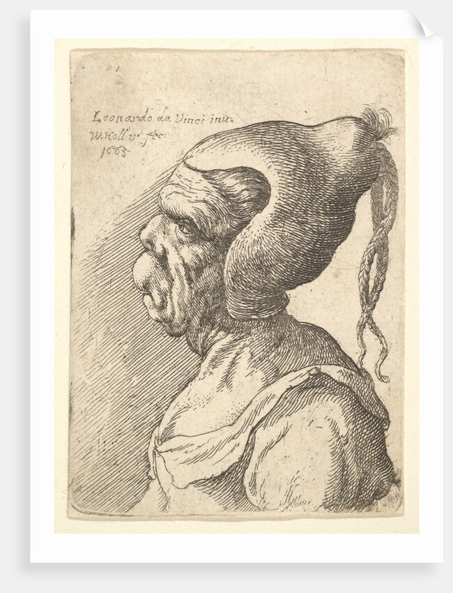 Bust of a deformed woman with conical hat and two dangling plaits in profile to left, 1665 by Wenceslaus Hollar