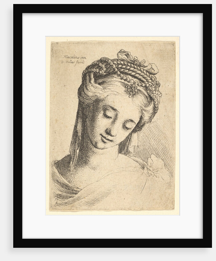 Bust of a young woman with elaborate headdress, looking down., 1625-77 by Wenceslaus Hollar