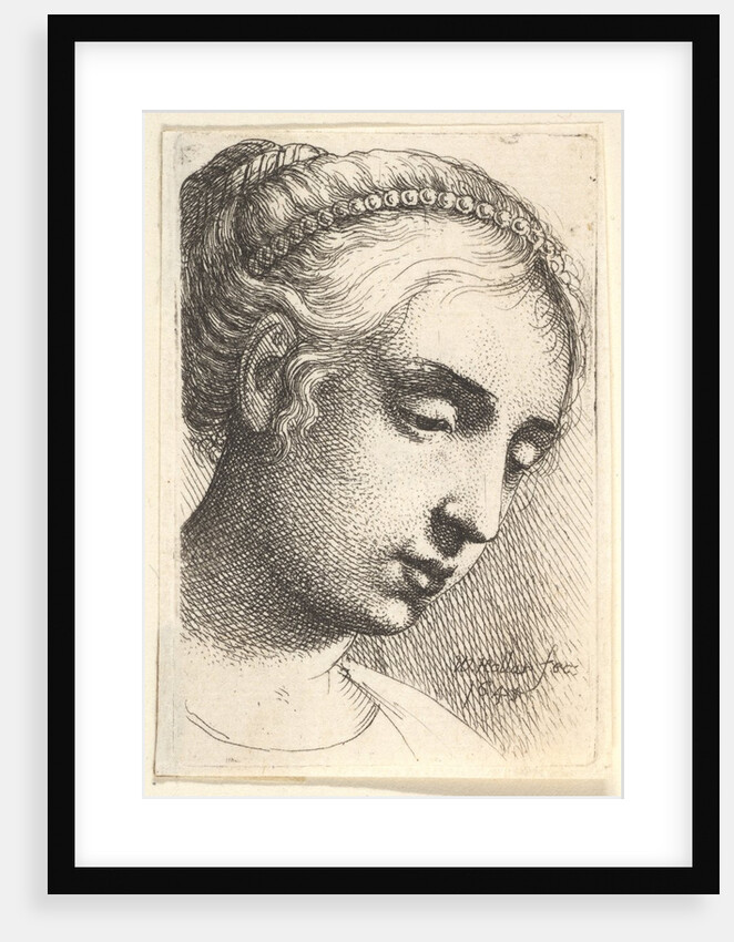 Woman with string of pearls in her hair looking downwards to right, 1645 by Wenceslaus Hollar