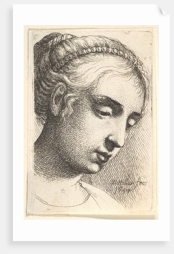 Woman with string of pearls in her hair looking downwards to right, 1645 by Wenceslaus Hollar