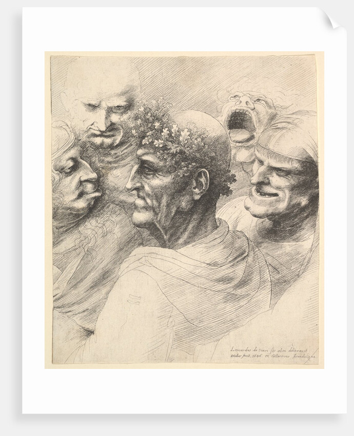 Five grotesque heads, including an elderly man with an oak leaf wreath, 1646 by Wenceslaus Hollar