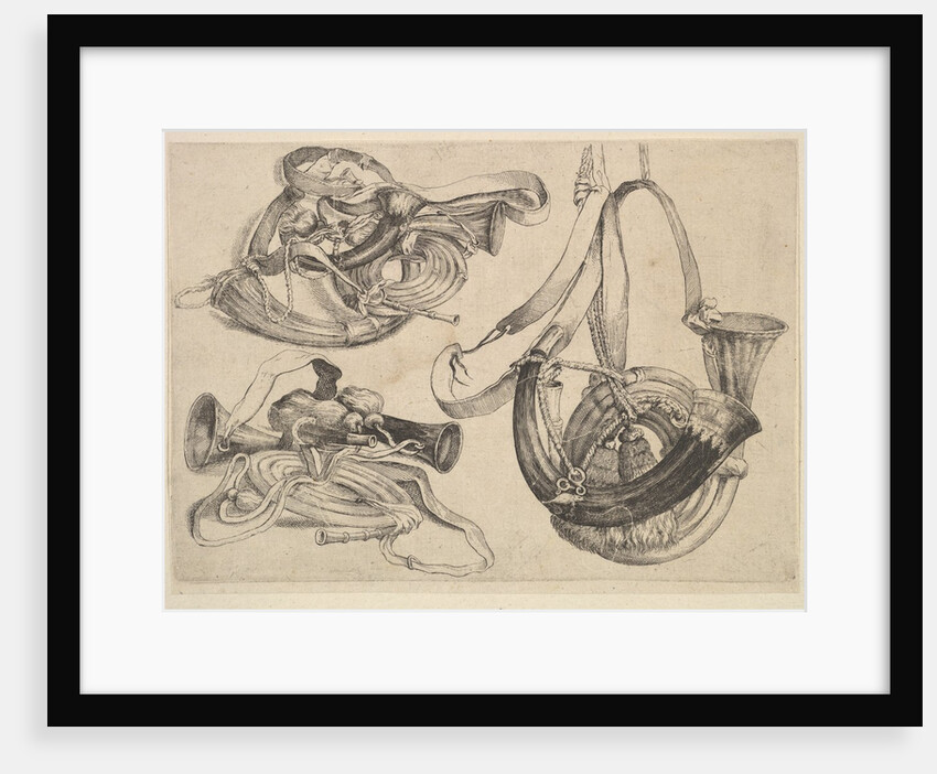 Seven hunting horns in three groupings, 1625-77 by Wenceslaus Hollar