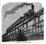 Train crossing a wooden trestle bridge on the Union Pacific Railroad, Wyoming, USA, c1870 by Unknown