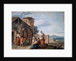 A group of peasants before the tabernacle with the Standing Madonna statue, c1750. by Giuseppe Zais
