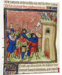 Detail of a miniature of the Third Crusade of Pastoureaux. Jews throwing their children from a tower, after 1380 by Virgil Master