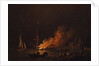 Ship on fire at night, ca 1756 by Charles Brooking