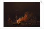 Ship on fire at night, ca 1756 by Charles Brooking