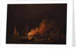 Ship on fire at night, ca 1756 by Charles Brooking