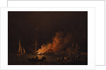 Ship on fire at night, ca 1756 by Charles Brooking
