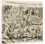 Because the Spanish thirst for gold, the Indians pour liquid gold into them. by Theodor de Bry