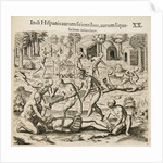 Because the Spanish thirst for gold, the Indians pour liquid gold into them. by Theodor de Bry