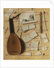 Trompe loeil still life with a lute, rebec and music sheets by Cornelis Norbertus Gijsbrechts