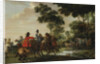 Highwaymen raiding a tilt car by a forest stream by Pieter Snayers