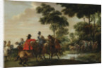 Highwaymen raiding a tilt car by a forest stream by Pieter Snayers