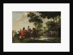 Highwaymen raiding a tilt car by a forest stream by Pieter Snayers