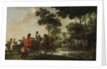 Highwaymen raiding a tilt car by a forest stream by Pieter Snayers