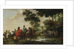 Highwaymen raiding a tilt car by a forest stream by Pieter Snayers