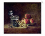 Still Life with a Basket of Peaches, White and Black Grapes, Cooler and Wineglass by Jean-Baptiste Siméon Chardin