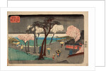 Cherry Trees in Rain on the Sumida River Embankment. (Sumida zutsumi uchû no sakura) by Utagawa Hiroshige