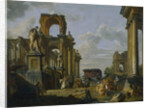 Architectural Capriccio of the Roman Forum with Philosophers and Soldiers among Ancient Ruins by Giovanni Paolo Panini