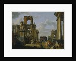 Architectural Capriccio of the Roman Forum with Philosophers and Soldiers among Ancient Ruins by Giovanni Paolo Panini