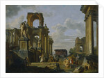 Architectural Capriccio of the Roman Forum with Philosophers and Soldiers among Ancient Ruins by Giovanni Paolo Panini