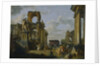 Architectural Capriccio of the Roman Forum with Philosophers and Soldiers among Ancient Ruins by Giovanni Paolo Panini